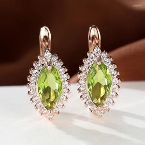 Hoop Earrings Unique Marquise Cut Olive Green CZ Stone For Women Rose Gold Color Leaf Dangle Female Trendy Ear Clips