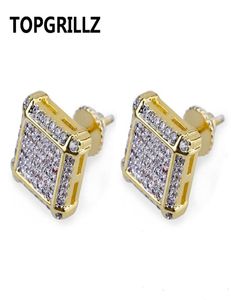 TOPGRILLZ Hip Hop Gold Color Iced Out Full Cubic Zircon Square Stud Earring Men Charm Jewelry Gifts With Screw Back Buckle1922364