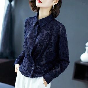 Kvinnor BLOUSES Fashion Elegant Women Autumn Lace Shirts Casual Korean Long Sleeve Polo-Neck 5xl Ladies Top MM1436