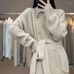 Women's Knits Autumn And Winter Elegant Cardigan Lace-up Suit Collar Thickened Loose Mid-length Knitted Sweater Lazy Style Coat