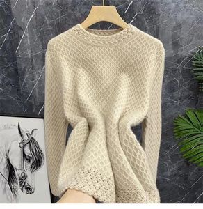 Suéter feminino outono/inverno suéter de lã casual malha sólida gola redonda vazada tops femininos pulôver grosso moda blusa de caxemira