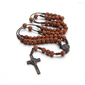 Chains 6MM Rose Round Wood Beads Long Necklace Chain Cross Jesus Rosary Pendant For Men Woman Religious Jewelry Gift Accessory