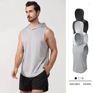 Homens camisetas Anbenser T-shirt com chapéu de secagem rápida correndo esportes colete sem mangas solto casual camisa de musculação homens camisetas