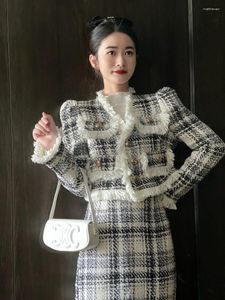 Vestido de duas peças xadrez jaqueta curta com borla cintura alta saia ternos frito rua moda conjunto estilo japonês streetwear