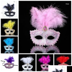 Maski imprezowe moda seksowna maska ​​z pióra Bożego Narodzenia Hallowmas Eye Venetian Masquerade Dance Holiday with Feathers Koraliki DBC Drop D Dhdl2