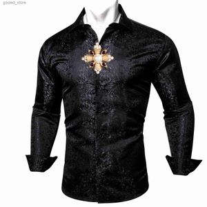 Camisa masculina casual de manga comprida, camisa de seda masculina de designer, moda jacquard, gola virada, flor, luxo, manga comprida, ajuste casual, festa de casamento, negócios, barry