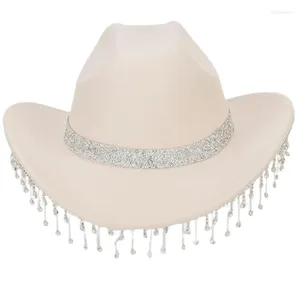 Berretti Moda Strass Cappello da cowboy con frange per donna Festival musicale Cowgirl Tesa larga Birde Accessori per abbigliamento da festa