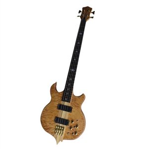 4-saitige E-Bassgitarre mit durchgehendem Hals und hochwertiger Ahorndecke, goldene Hardware, Logo/Farbe anpassen