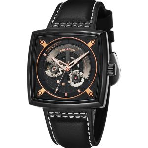 Creative Square Automatic Mechanical Watch Men Unique Wristwatch Male Hollow Dial Leather Strap Luminous Clock relogio masculino