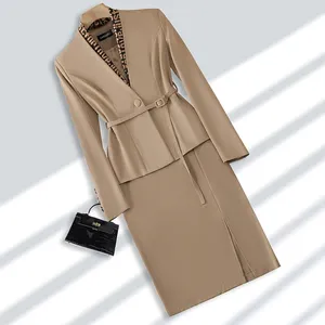 Two Piece Dress 2023 Autumn Elegant Women 2 Set Khaki Green Black Blazer With Belt Scarf Female Office Work Business Formal Skirt Suit