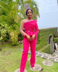 Chic Hot Pink Jumpsuit Prom Dress 2023 con perle Manica lunga Ragazze nere Pantaloni africani Abiti Vintage Abiti da sera di laurea Aso Ebi Abiti da cerimonia per feste formali
