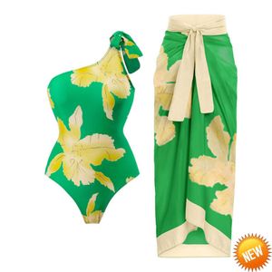 Vintage Green Print Bikini Set Swimsuit kjol Kvinnor Sexig asymmetrisk en bit semester badkläder 2023 Nya strandbaddräkter