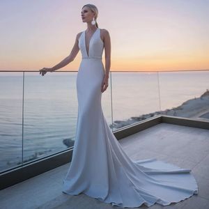 Sexy Meerjungfrau Hochzeit Kleid 2024 Einfache V-ausschnitt Backless Perlen Schärpe Fleck Braut Party Kleid Lange Schleppe Neue Vestidos de Noiva Mariage