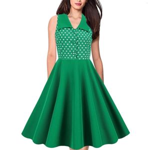 Sıradan elbiseler yaka kolsuz polka nokta patchwork vintage elbise yeşil