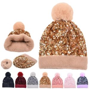 Sıcak kış artı kadife payetler kadınlar için örme şapkalar beanie şapka unisex elastik sıcak hip hop yün kapağı Yumuşak Baggy Bonnet