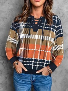 Women's Hoodies Classic British Plaid Color-Blocked Lace Up Sweatshirt 2023 Vintage Fashion Print Lazy Style Loose Streetwear