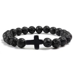 Trendy Jesus-Cross Charm Blue Turquoises Men Bracelet Black Lava Stone 8mm White Beads Bracelets Bangles for Women Jewelry249U