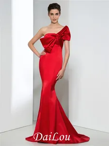 Vestidos de festa elegante vermelho longo sereia vestidos sem alças de alta qualidade cetim varredura trem sem mangas noite formal para mulheres