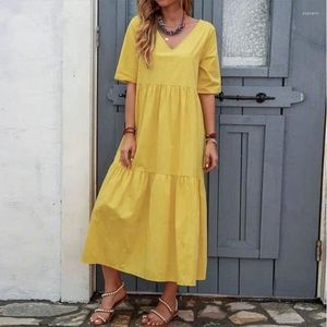 Casual Dresses est 5xl Women Classy Long Summer Dress Party Formell Bohemian Fashion V Neck Short Sleeve Cake Skirt Lady Bekväm bomull