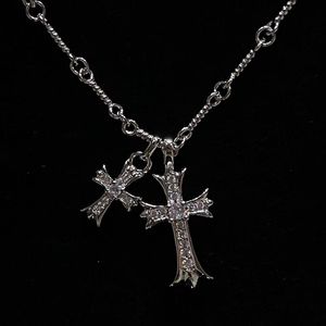 Double Vintage Zircon Cross Pendant White Gold Filled Party Wedding Pendants Chain Necklace For Women Men Chocker Jewelry Gift