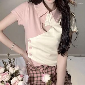 Magliette da donna Maglietta estiva Y2k Crop Top Stile coreano Casual Kawaii Hollow POLO Neck Tees Slim Manica corta Sexy Retro Abbigliamento donna