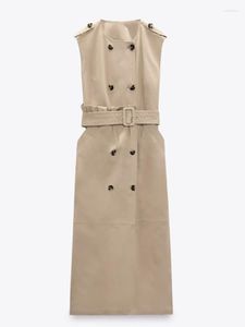 الفساتين غير الرسمية RR2453 TRENCH COAT GABARDINE WOMENS O NECK SLEEVELESS MIDI فستان أنثى زر مزدوج الصدر تثبيت طويل