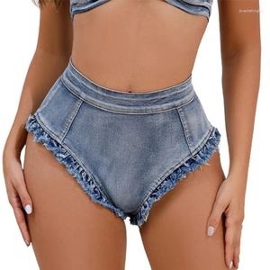 Shorts femininos mulheres cintura alta triângulo denim borla decoração apertado estiramento três quartos calças sexy bar nightclub palco breechcloth