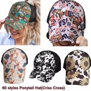 Sonnenblumen-Pferdeschwanz-Hut Criss Cross Mesh Back Baseball Cap Washed Distressed Messy Bun Ponycaps Trucker Hats Großhandel