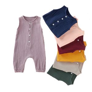 Rompers Summer Born Infant Baby Boys Girls Romper Jumpsuits onepiece Overalls Solid Color Sleeveless Muslin Clothes 230406
