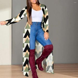 Women's Trench Coats Women Cardigan Coat Jacket Geometric Print Contrast Color Long Sleeve Stylish For Streetwear