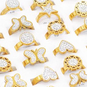 Wedding Rings 20/30pcs Bulk Wholesale Butterfly Heart Crystal Mix Style Women CZ Stainless Steel Gold Plated Fashion Charms Gift Jewelry