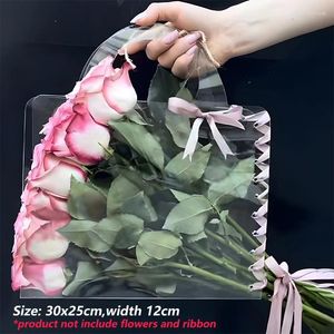 Envoltório de presente transparente caixa de flor rosa com alça sacos de embalagem portáteis contatainer bolsa de casamento embrulho