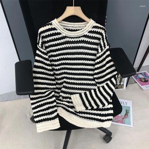 Maglioni da Donna EBAIHUI Maglione da Donna Pigro Autunno Scava Fuori Design da Donna Maglia a Righe in Bianco e Nero Girocollo Manica Lunga Pullover