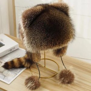Berets inverno manter quente pelúcia raccoon cauda chapéu adulto crianças unisex à prova de vento comute camping mongol para pais-crianças hxba