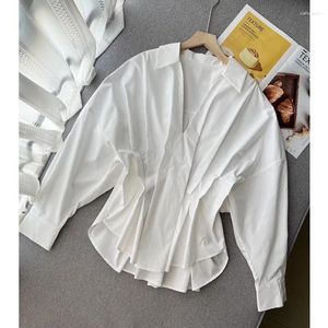 Kadınlar bluz bluz üstü kadınlar için üst 2023 minimalist v yaka katlar damla omuz camisas de mujer kadın Kore tarzı blusas yüce