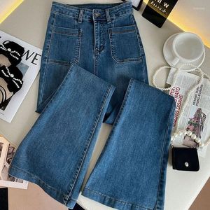 Kadınlar Kotlar Kadınlar Vintage Flare Kore Moda Yüksek Bel Denim Pant Slim Ladies Cep Düz Pantolon Büyük Boy 25-31 Günlük Pantolon