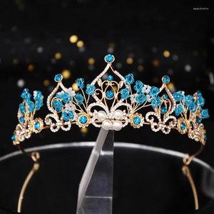 Grampos de cabelo Princesa Coroa Barroca Pérola Azul Cristal Nupcial Diadema Tiara de Casamento Acessórios de Jóias