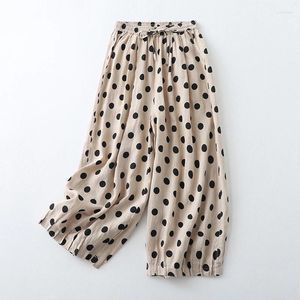Women's Pants Cotton And Linen Polo Dot Wide Leg 2023 Summer Loose Large Size Bloomers High Waist Ankle-length