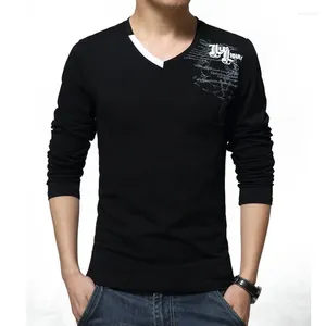 Camiseta masculina manga longa moda impressão primavera roupas de marca casual magro com decote em v camisa de algodão homme tees M-5XL