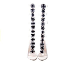 Прозрачные сандалии из ПВХ, сексуальные сандалии-гладиаторы 633, женские летние длинные ботинки с открытым носком и Т-образным ремешком, прозрачные туфли на высоком каблуке со стразами и бриллиантами