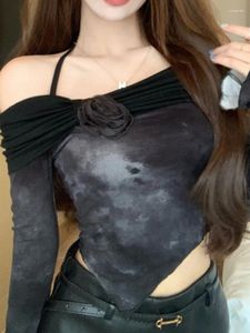Женские толстовки Korejepo American Halo Dyed Top Темперамент Свисающий вырез с открытыми плечами Универсальная футболка с длинным рукавом Необычные уникальные тонкие