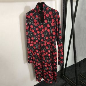 Fashion Printed Dresses Slim Skirts For Women High Neck Long Sleeve Red Dress Ladies Thin Breathable Skirt Clothes