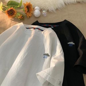 Camiseta masculina bordada de algodão linho de manga curta camisetas de verão mans em torno do pescoço solto casual camiseta respirável topos