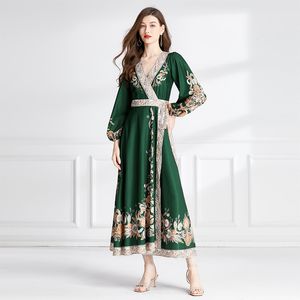 Woman Paisley Floral Green Maxi Dresses Vintage Designer Puff Sleeve Vacation V-Neck Belted Side Bow Wrap Dress 2023 Spring Autumn Elegant Fit Runway Party Frocks