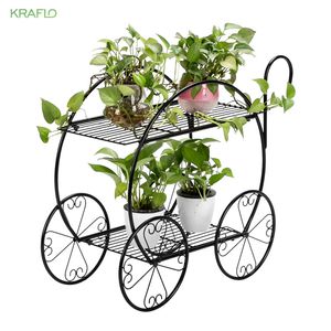Kraflo trädgård dekorativ ram lyxcykel design målar svart handtag vagn form 2 lager växtstativ med hjul