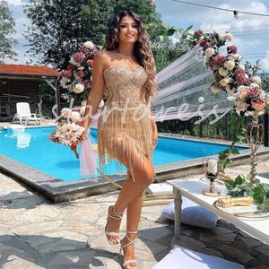 Luxurious Diamond Evening Dress Sexy Champagne Strapless Beaded Crystal Prom Dress Tassel Formal Birthday Cocktail Party Gowns Vestidos De Gala 2024 Reception