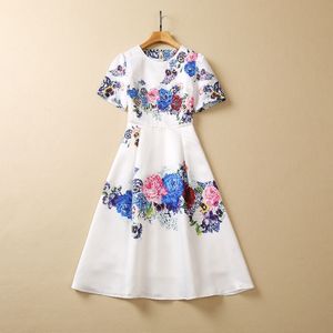 2023 Sommer Weiß Blumendruck Perlenkleid Kurzarm Rundhals Pailletten Midi Freizeitkleider S3A050330