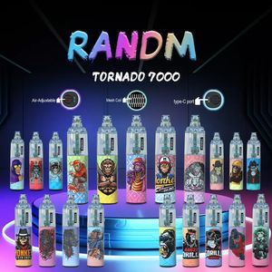 2023 RandM Tornado 7000 Puffs Оригинальные одноразовые электронные сигареты Vape Pen 14 мл Стручок с сетчатой катушкой 56 цветов Перезаряжаемый с воздушной регулировкой 2% 5%