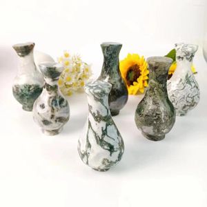 Vases Hand Craft Crystal Carving Moss Agate Vase Gemstone For FengShui Home Office Decor