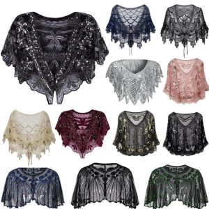 Sciarpe Vintage anni '20 Scialle con flapper con paillettes Mantella corta con perline da donna Poncho da sera con coprispalle Gatsby Party Mesh Bolero Cover Up Sciarpa Top